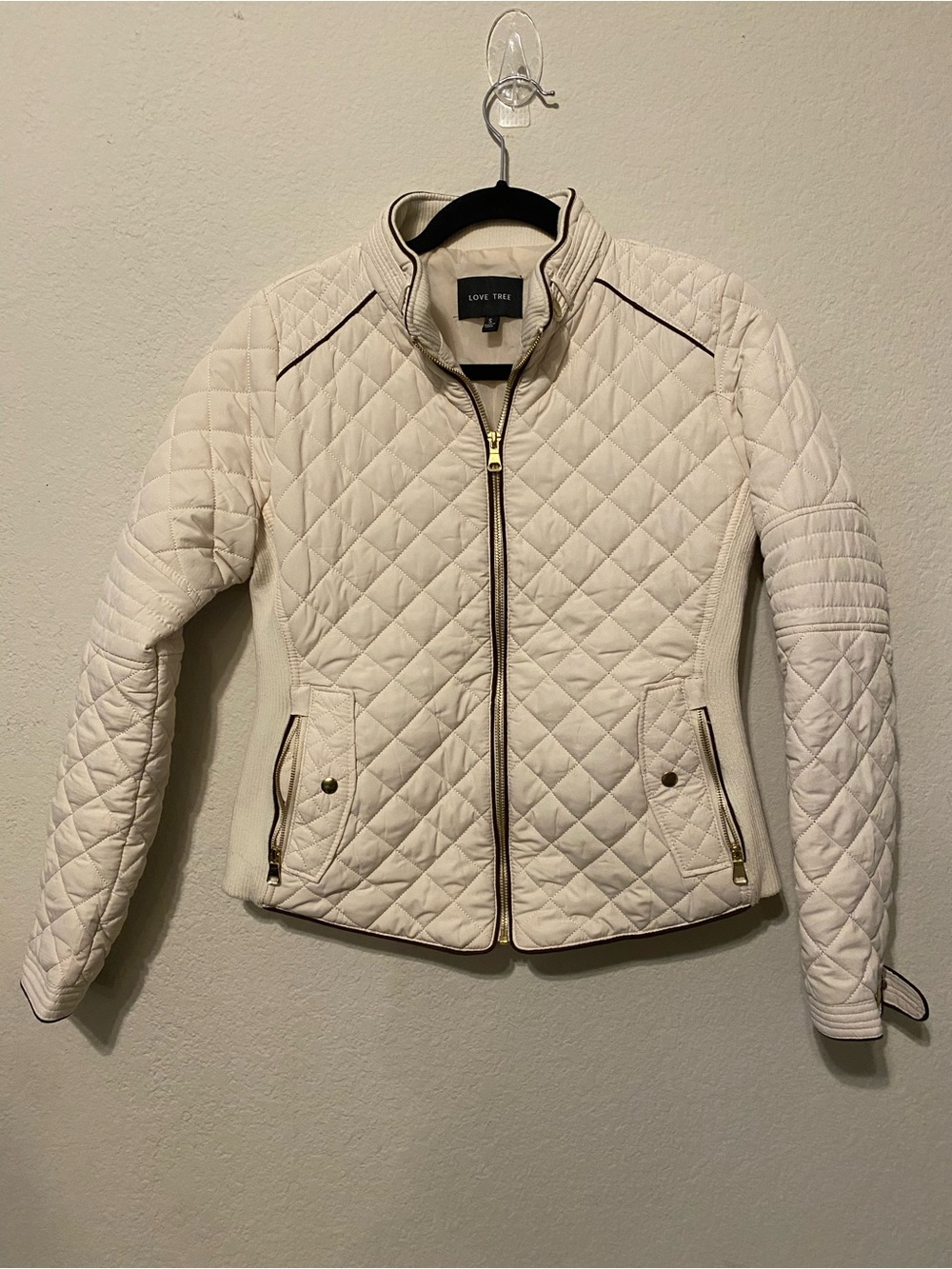 Love Tree Quilted Cream Zip-Up Puffer Jacket with Contrast Trim